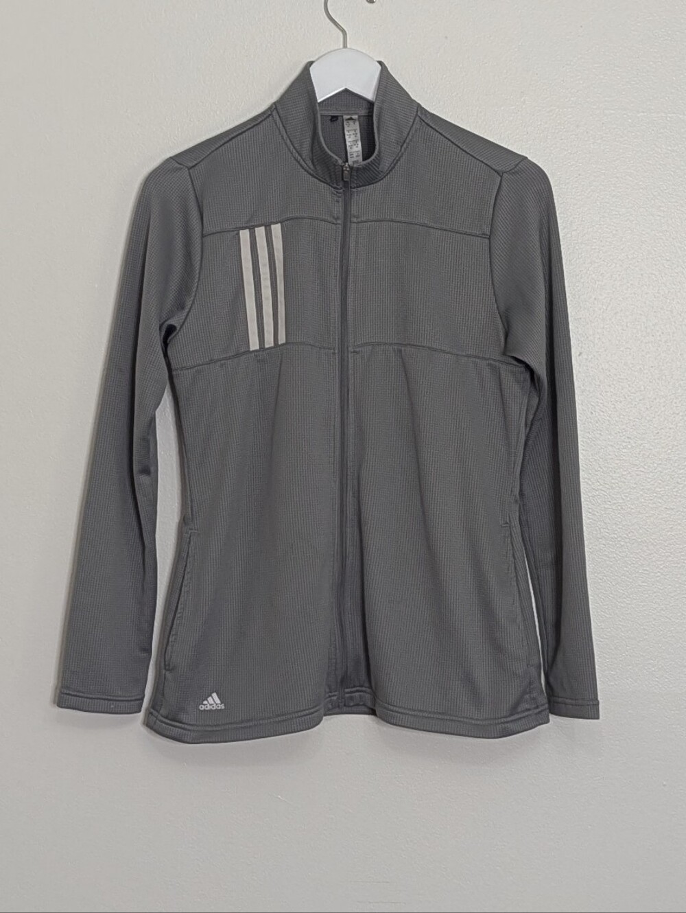 Adidas Jacket Women Medium Gray 3 Stripes Double Knit Full Zip